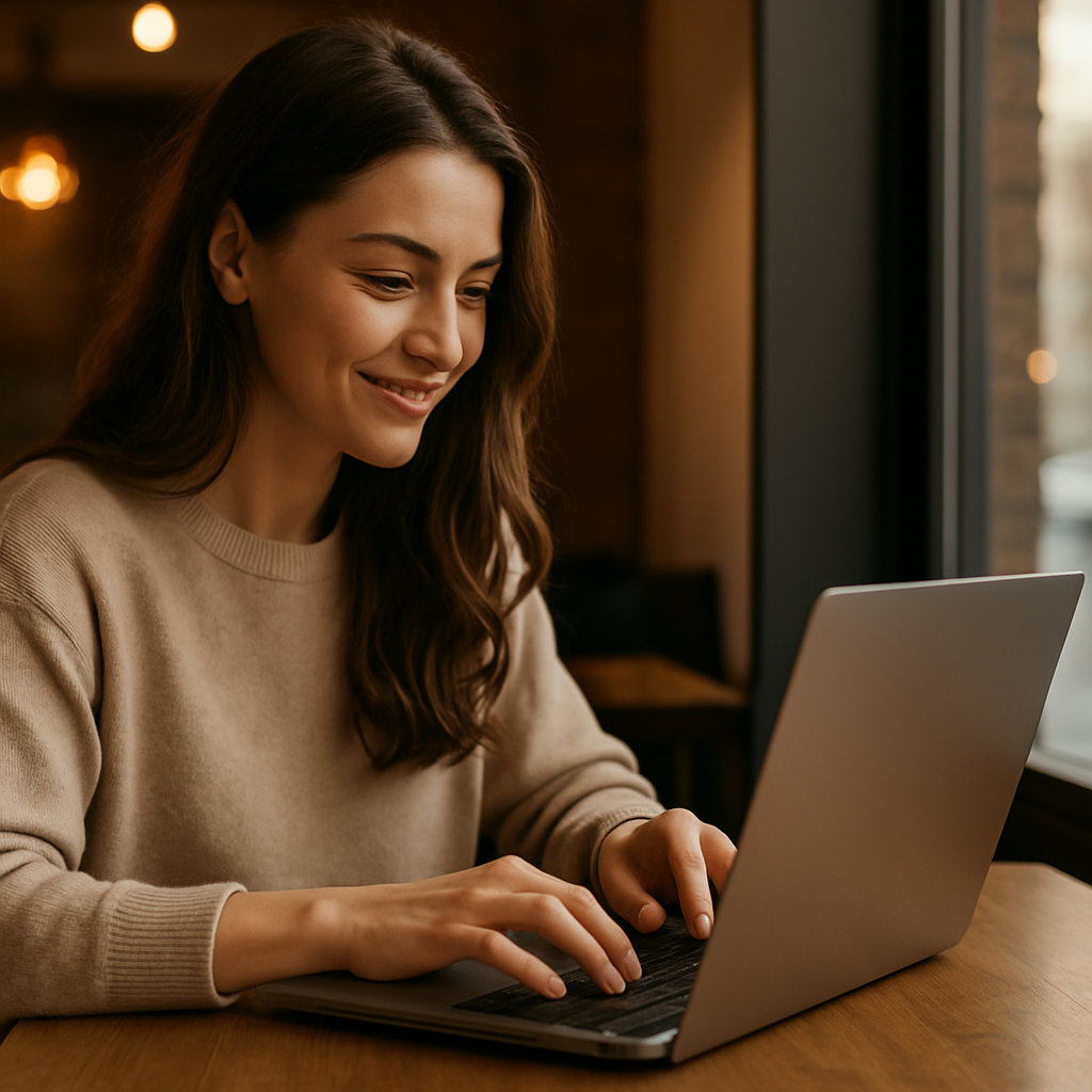 Entrepreneur checking automated system notifications on a laptop in a friendly, tech-minimal office.