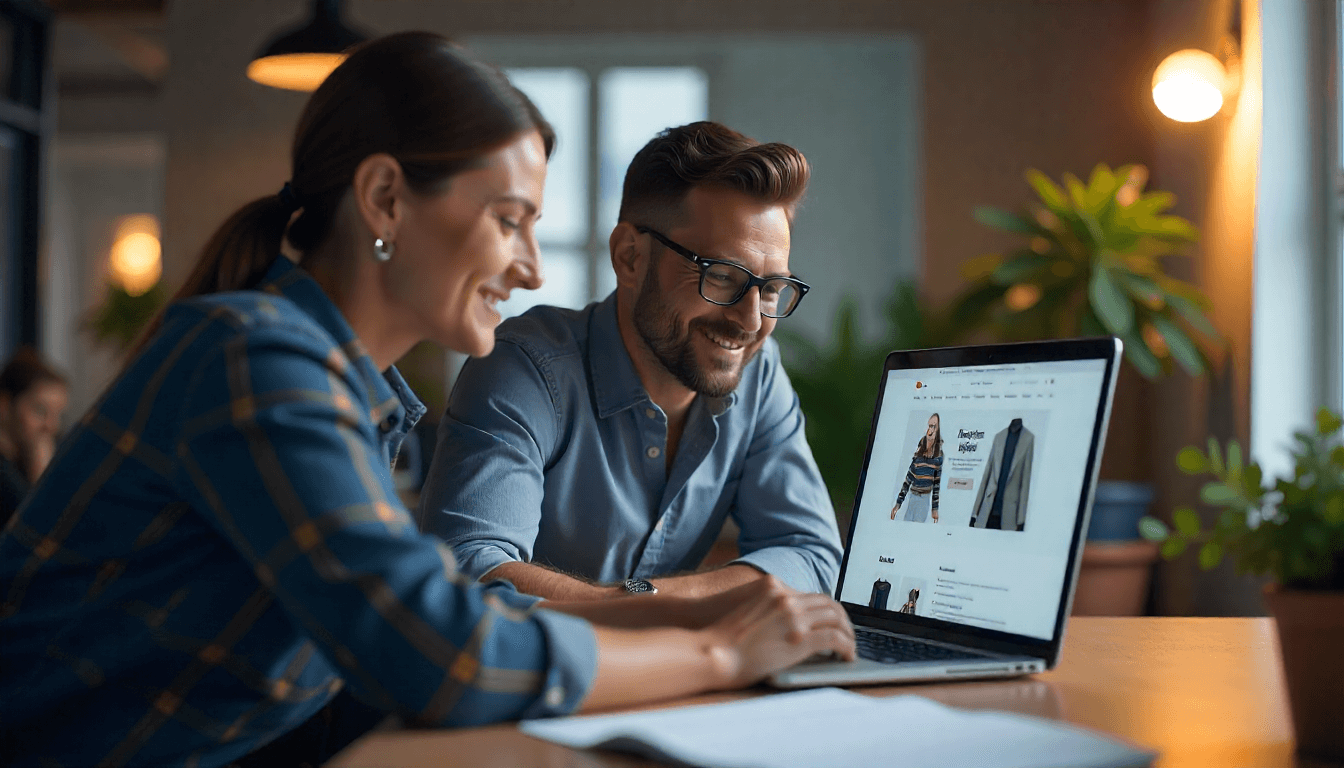 UX designer and client reviewing a website on a laptop, with modern design and notes on the table.