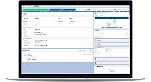 Laptop displaying a financial dashboard with account summary, portfolio info, and recent transactions.