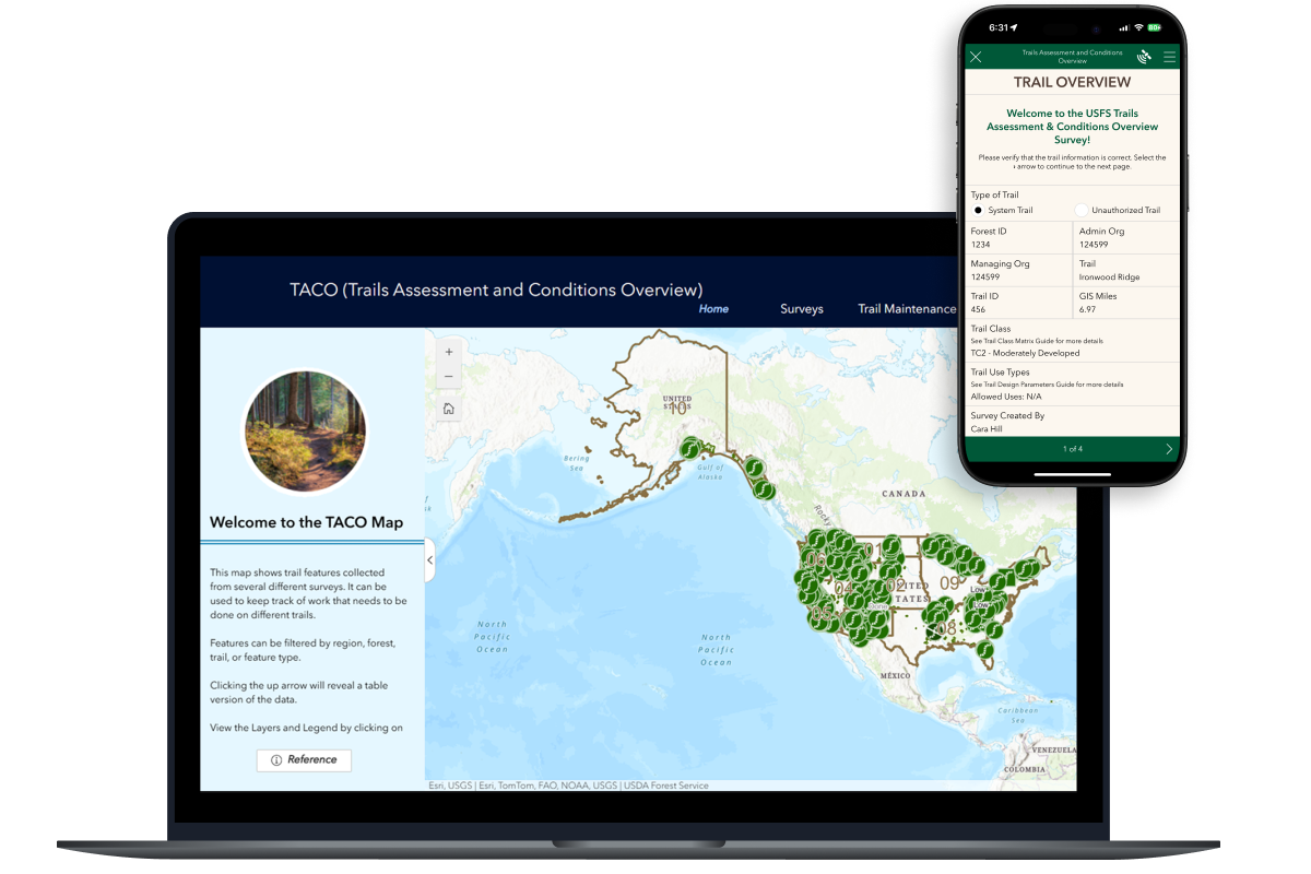 A laptop displaying the TACO trail map alongside a mobile phone showing a trail overview survey form.
