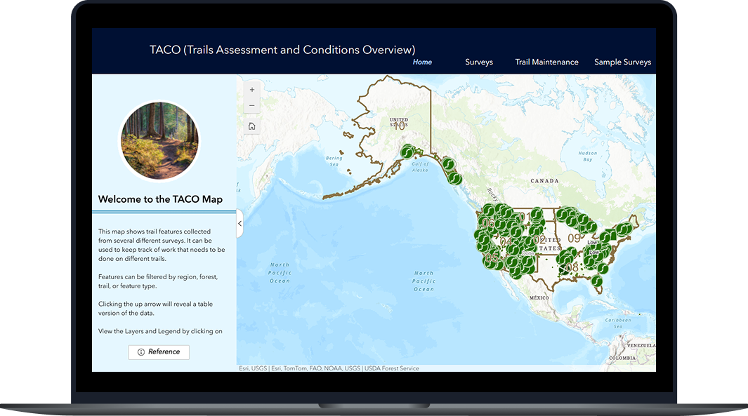 Laptop showing TACO map (Trails Assessment and Conditions Overview) with green markers of trail features across the United States and Alaska. Sidebar includes welcome text and navigation links.