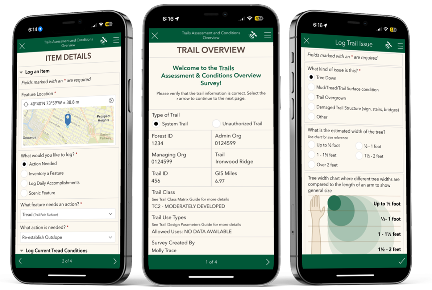 Three mobile screens of the Trails Assessment and Conditions Overview survey. Screens show item details form with location pin, trail overview page with trail attributes, and log trail issue page with tree size and condition fields