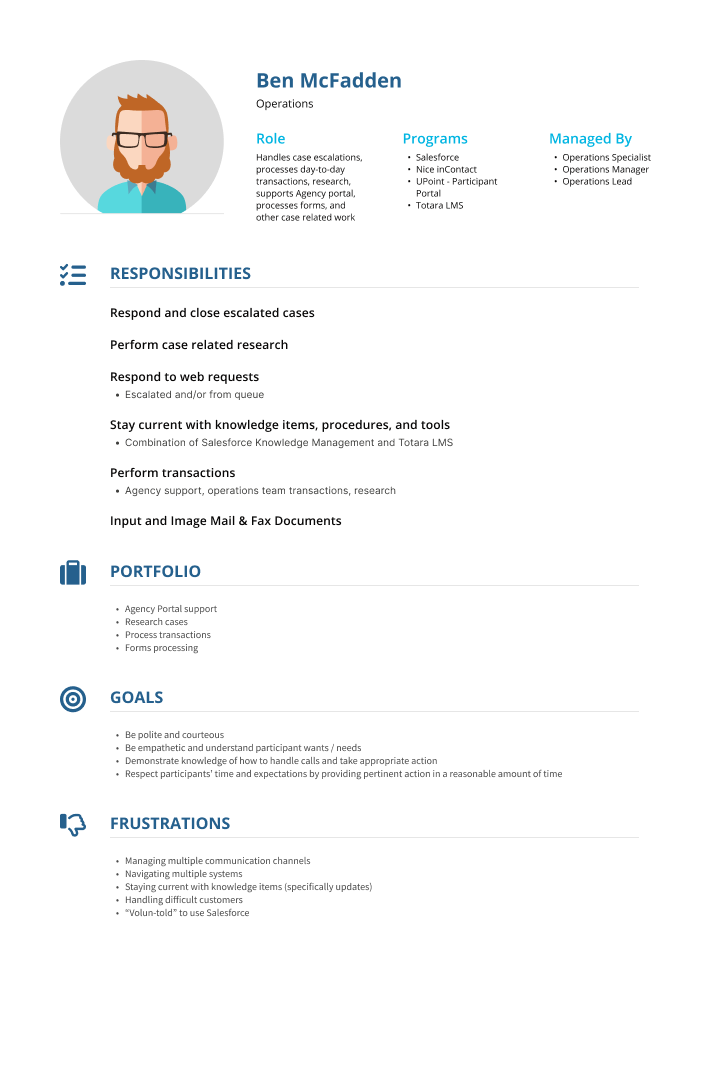 Persona of Ben McFadden, operations staff handling escalations, transactions, and case research