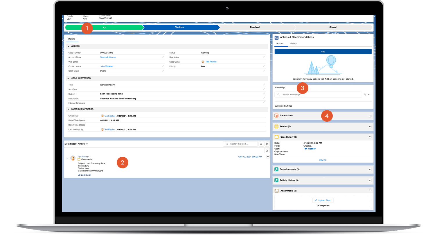 Case record interface with stage tracker, activity log, knowledge base access, and transaction widgets