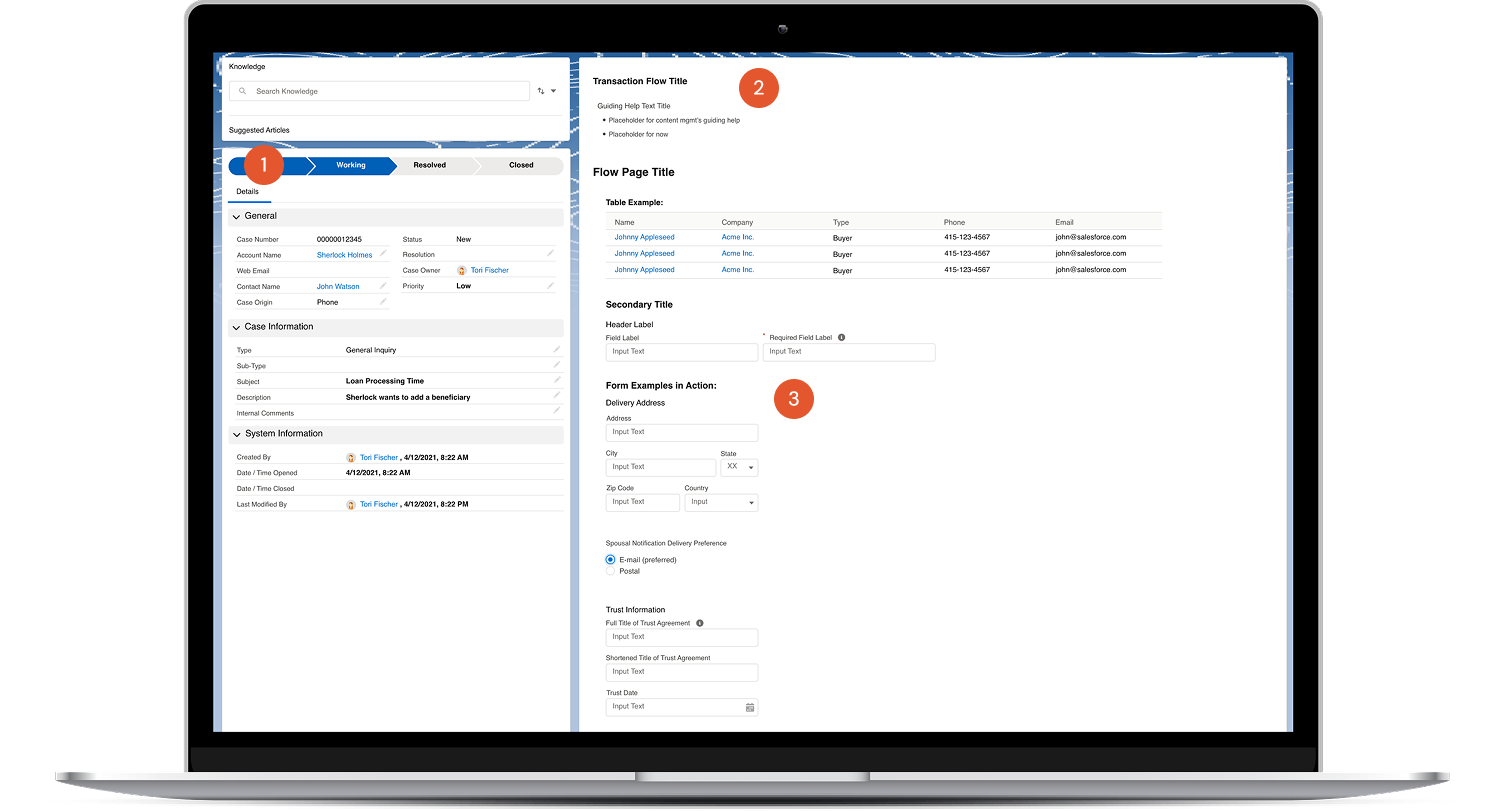 Account record interface showing participant info, account balances, alerts, and popovers for key details