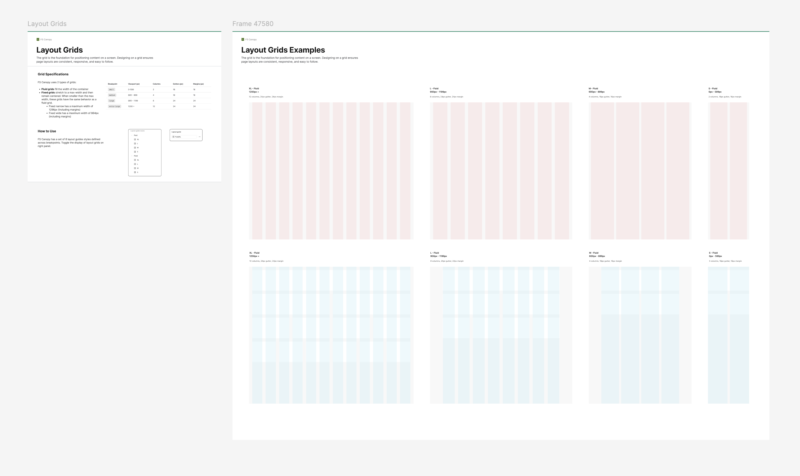 Layout grids documentation showing grid specifications and examples of fluid and fixed grid layouts with columns, gutters, and margins.