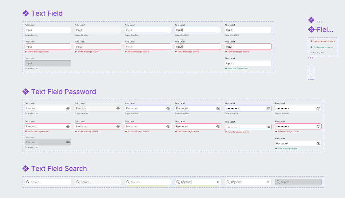 User interface design showing examples of text fields: standard input with valid and invalid messages, password input with visibility toggle and error states, and search fields with clear buttons.