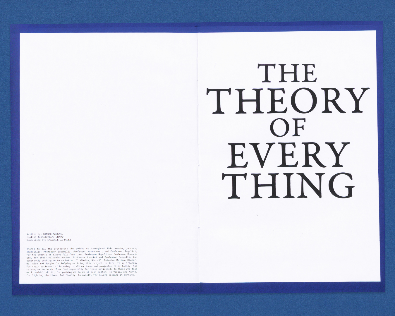 The Theory of Everything — Cover of the multidisciplinary thesis project by Simone Massari