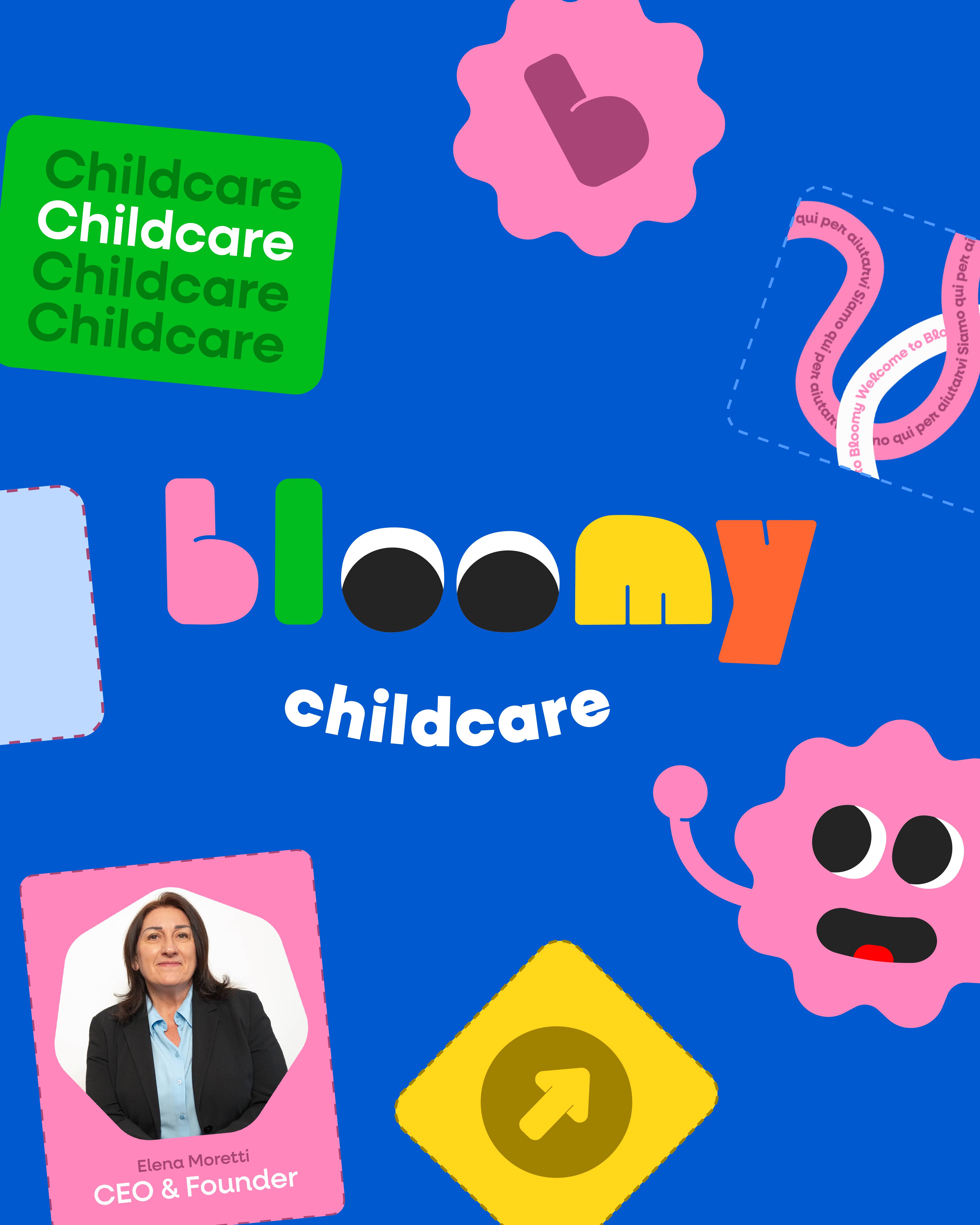 Bloomy Childcare — Brand identity cover for Italy and US childcare agency