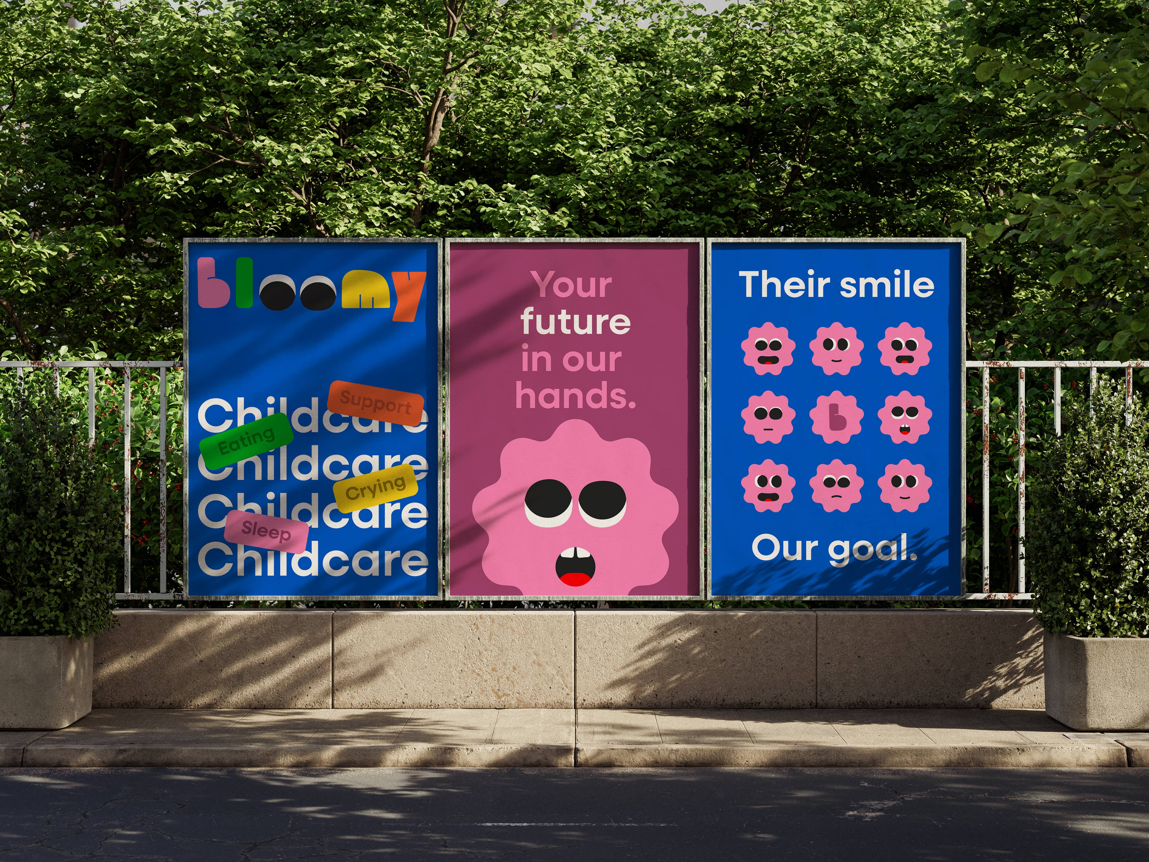 Bloomy Childcare — Poster mockup showcasing the playful visual identity system