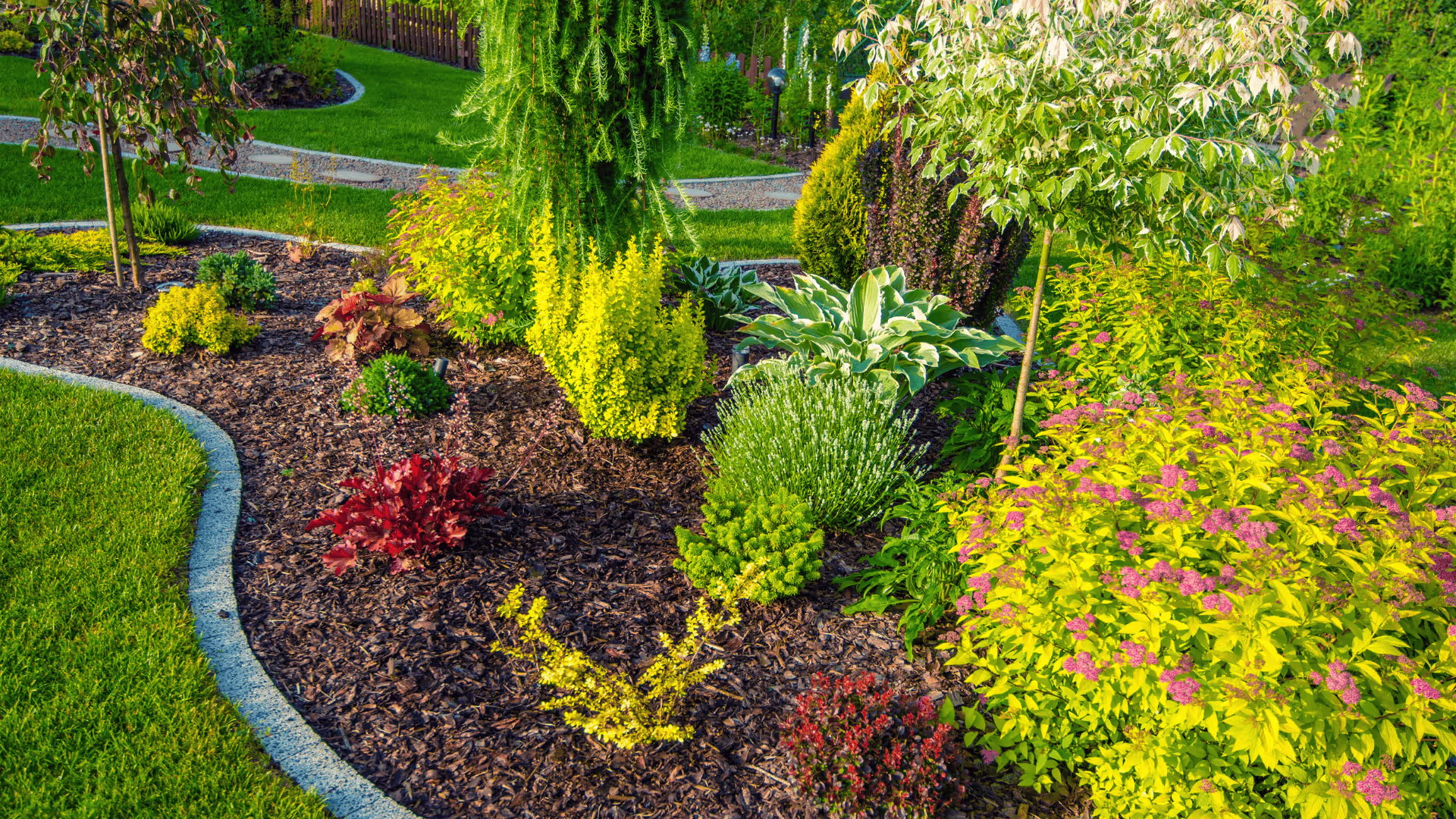 A clean place in a garden with flowers