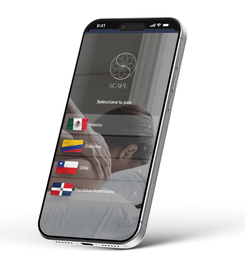 Pantalla de un teléfono móvil que muestra la app SCAPE con la opción para seleccionar el país: México, Colombia, Chile, República Dominicana, con banderas respectivas.