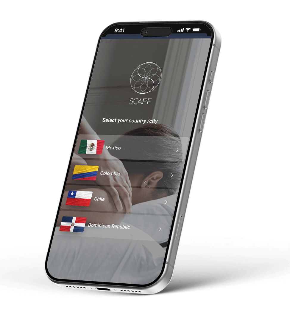 Pantalla de un teléfono móvil que muestra la aplicación SCAPE con una lista para seleccionar país/ciudad: México, Colombia, Chile y República Dominicana, con sus respectivas banderas.