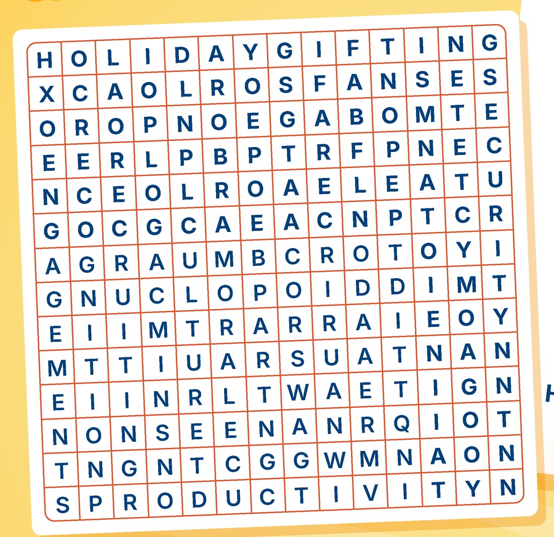 The word search from the back of the Snappy Crunch box, listing workplace challenges Snappy helps solve