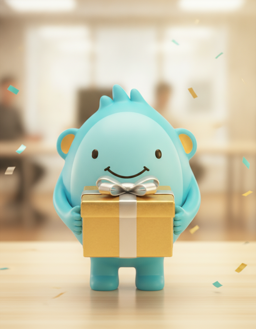 Snappy mascot holding a wrapped gift box