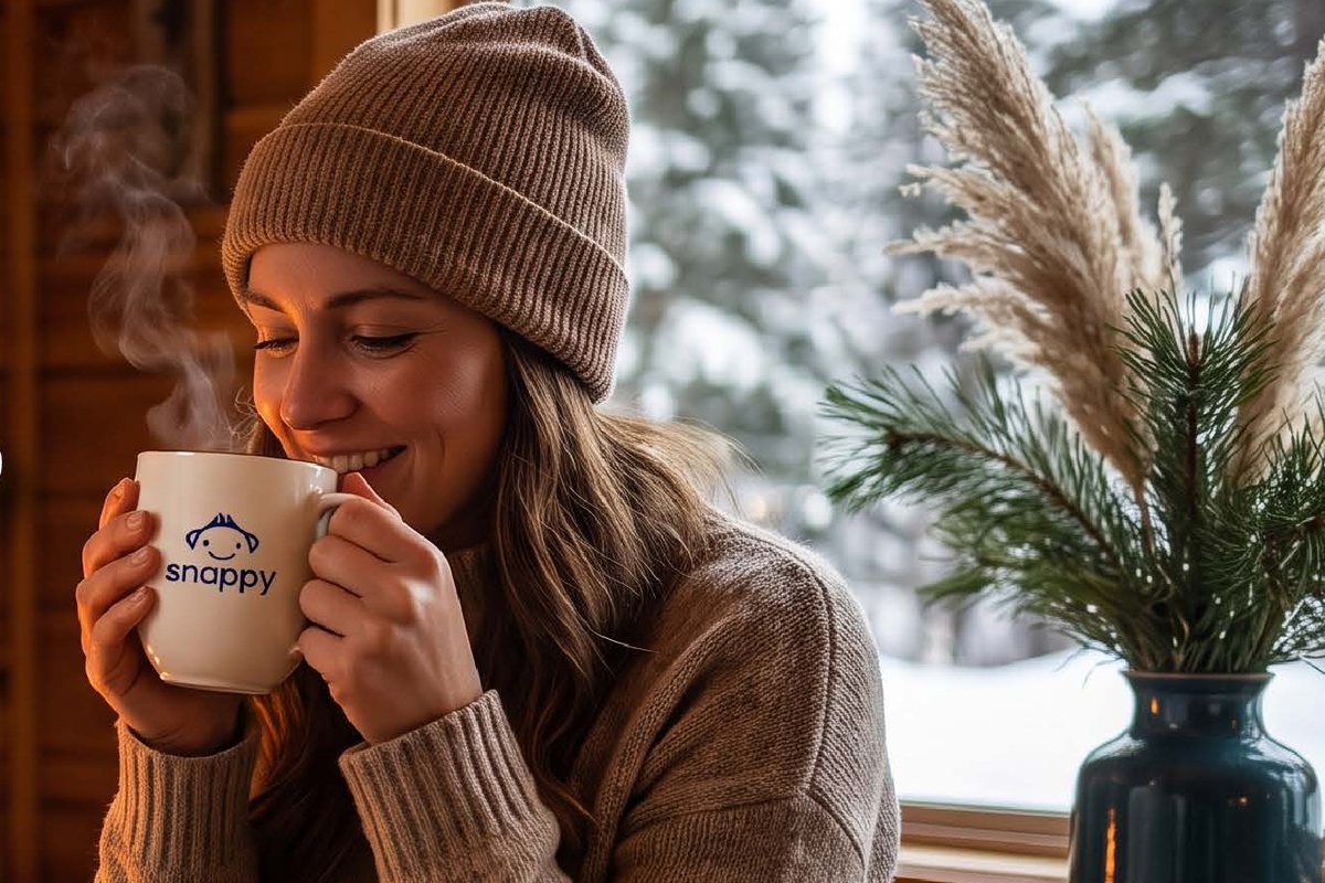 Person sipping from a Snappy-branded mug in a cozy cabin