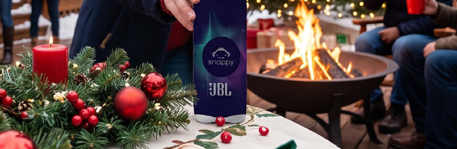 Snappy-branded JBL speaker on a holiday table beside a fire pit