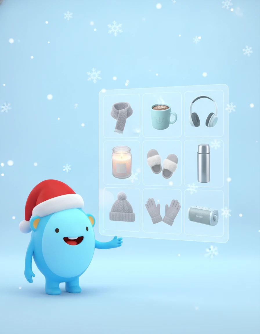Snappy mascot in a Santa hat presenting a grid of cozy winter gifts to choose from