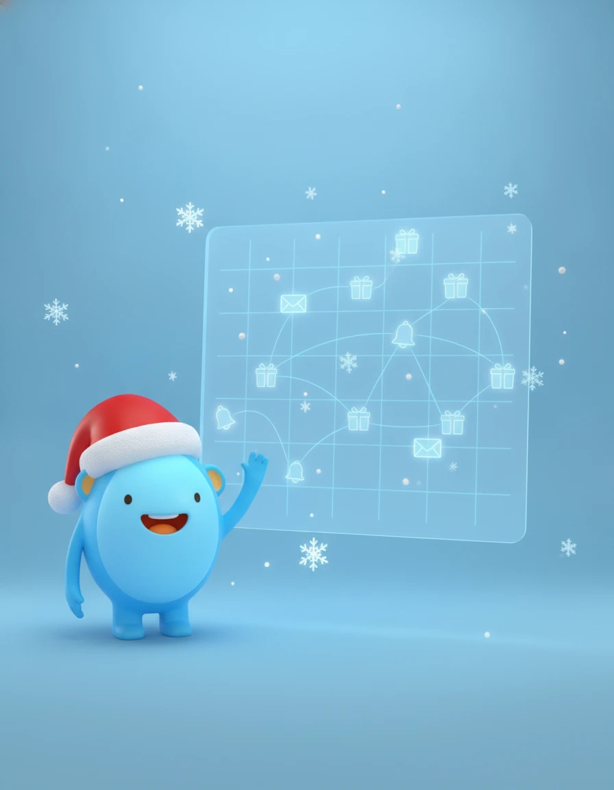 Snappy mascot in a Santa hat waving beside a holographic map of gifts, cards and bells