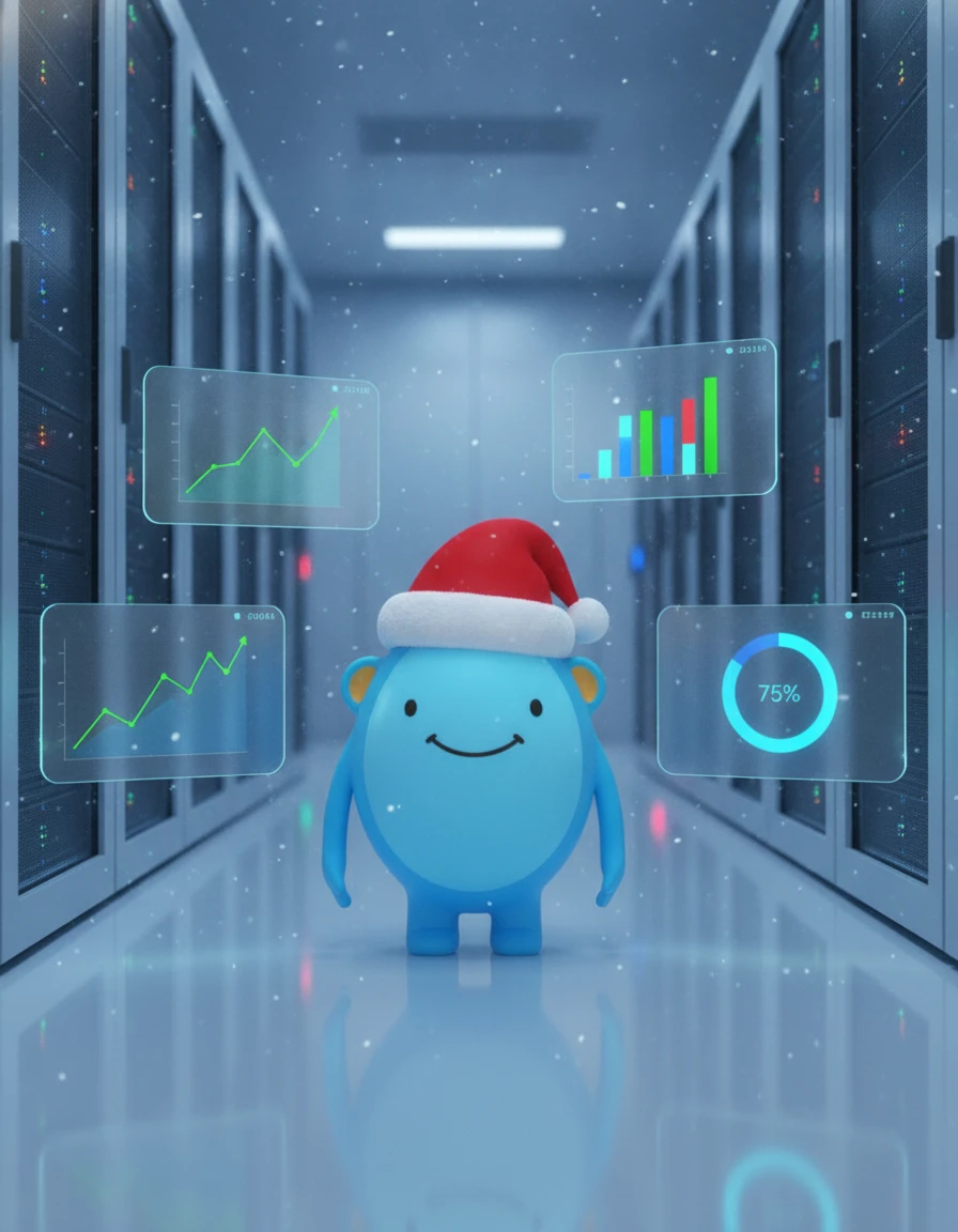 Snappy mascot in a Santa hat surrounded by reporting charts and analytics