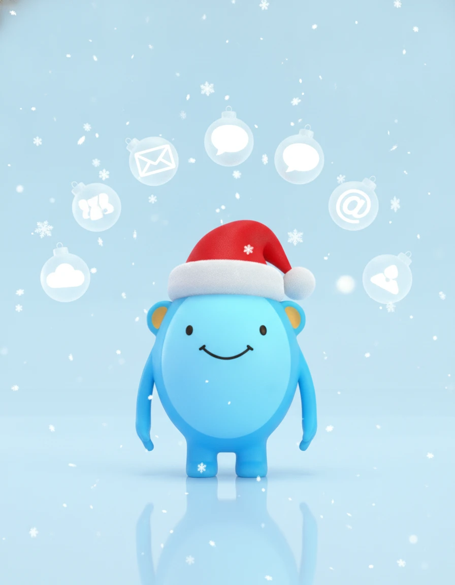 Snappy mascot in a Santa hat surrounded by ornaments showing email, text, chat and Slack delivery options