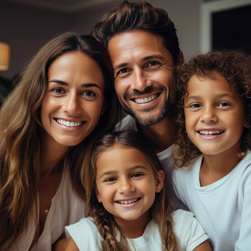 Smiling family of four with two children posing closely together indoors.