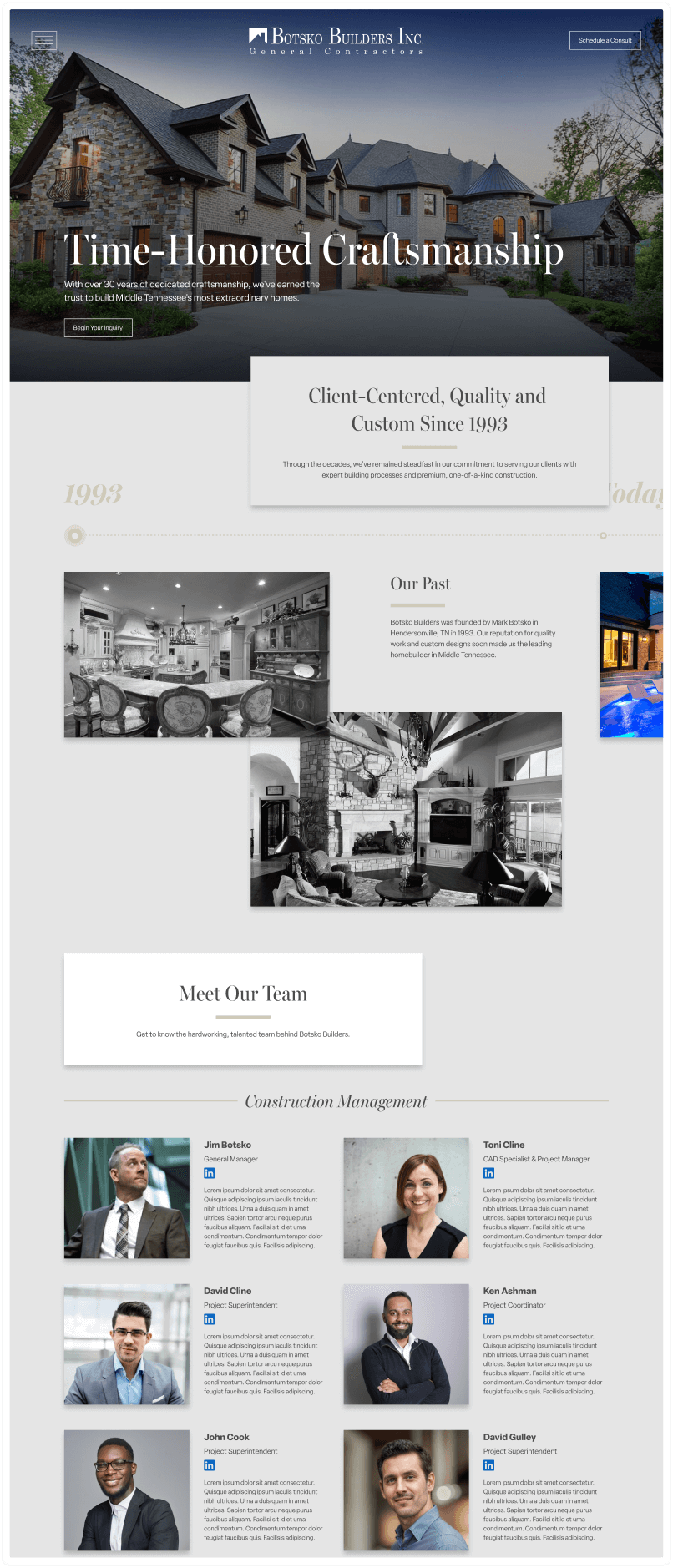 Botsko Builders Inc. homepage showing a large stone and brick luxury home, company history since 1993, black-and-white images of elegant home interiors, and photos with names and titles of the construction management team.