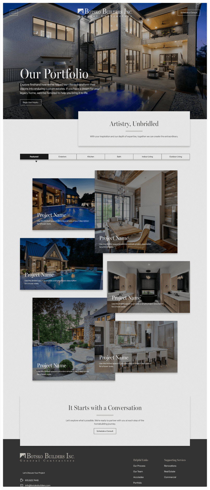 Botsko Builders Inc. portfolio webpage showing modern home exteriors and interiors with pool, dining, kitchen, and bathroom images, plus navigation tabs and contact info.