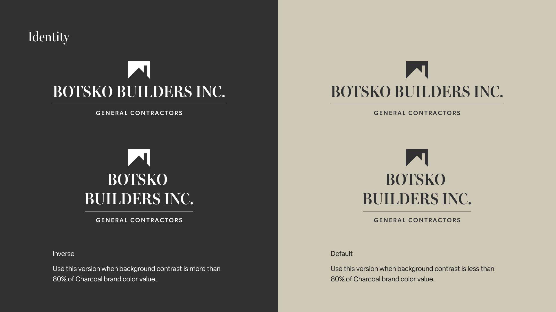 Botsko Builders Inc. logos presented in inverse white on charcoal background and default black on beige background with notes on usage based on background contrast.