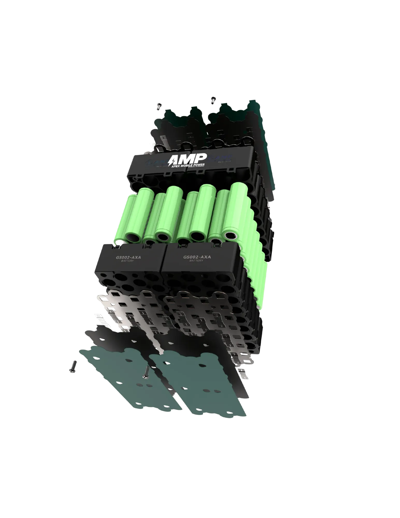 Exploded view of a battery pack assembly showing cylindrical green cells arranged in two layers between black plastic holders with metallic plates and screws above and below.