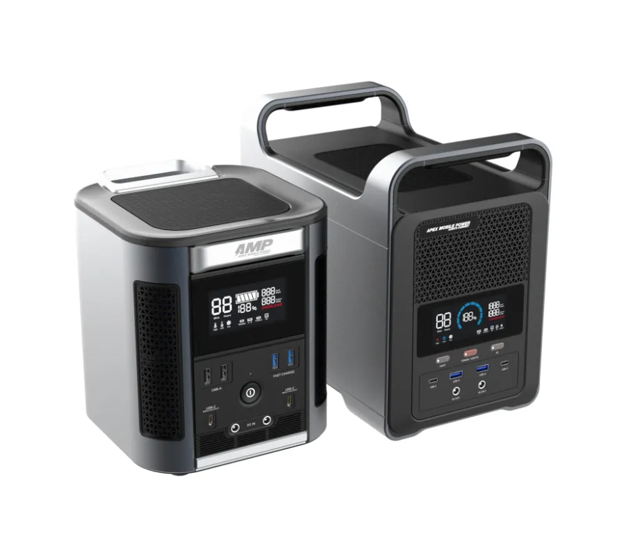 Two portable power stations with digital displays, USB ports, and handles on top.