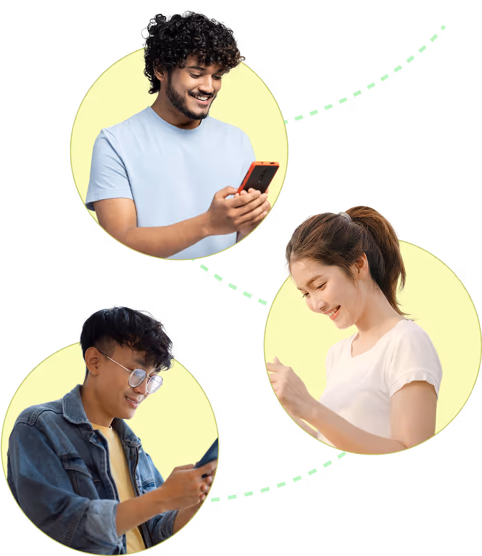 Three diverse young adults smiling and interacting with their smartphones inside circular frames connected by dotted lines.