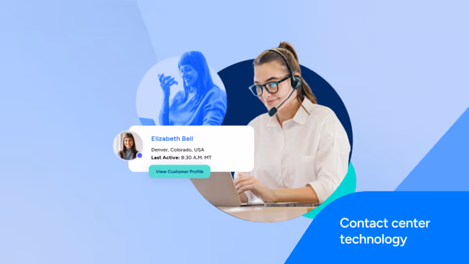 Young woman with a headset working on a laptop with profile overlays, representing contact center technology.