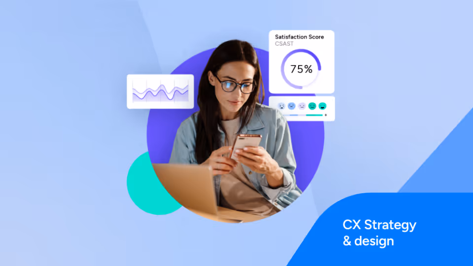 Woman with glasses using a smartphone surrounded by charts, including a 75% satisfaction score, representing CX strategy and design.
