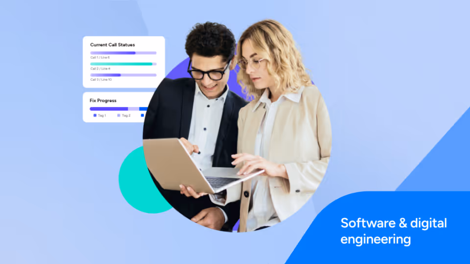 Man and woman working on a laptop with charts showing call status and fix progress, illustrating software and digital engineering.