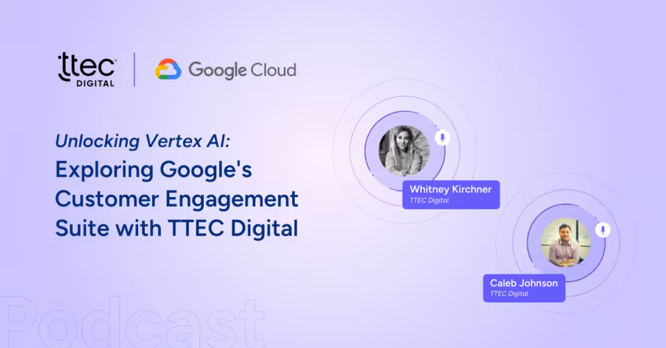 Headshots and name of the webinar speakers: Whitney Kruchner and Caleb Johnson. Title of webinar text "Unlocking Vertex AI: Exploring Google's Customer Engagement Suite with TTEC Digital"
