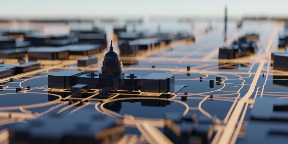 A model of Washington, D.C. with highlighted Capitol building and roads.