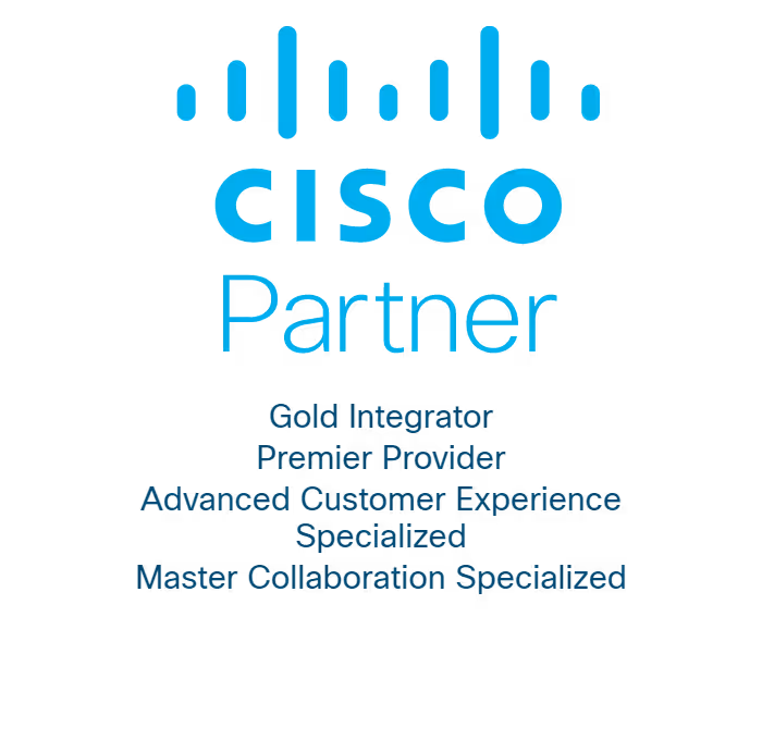 The Cisco logo and the text "Cisco Partner" written with a list of TTEC Digital's partnership accolades below it: "Gold Integrator, Premier Provider, Advanced Customer Experience Specialized, Master Colloboration Specialized"