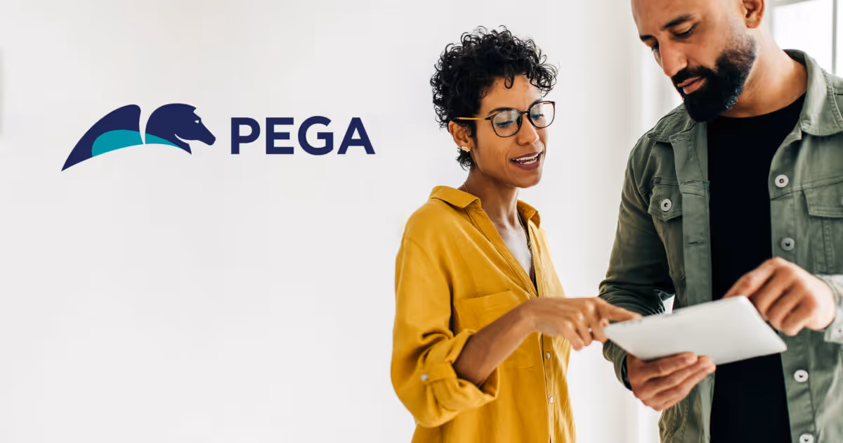 Photo of woman and man looking at a paper together with the Pega logo in the upper corner of the photo