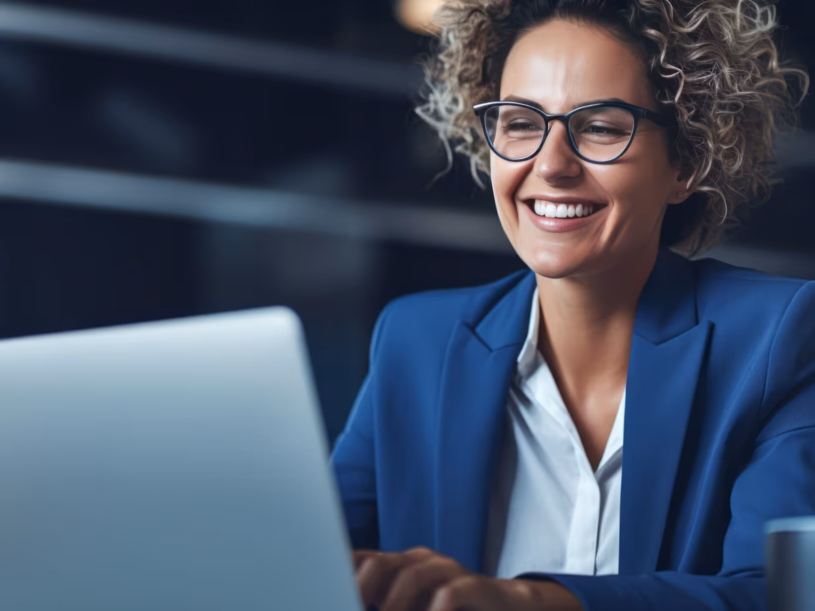 A woman smiles while typing on a laptop.