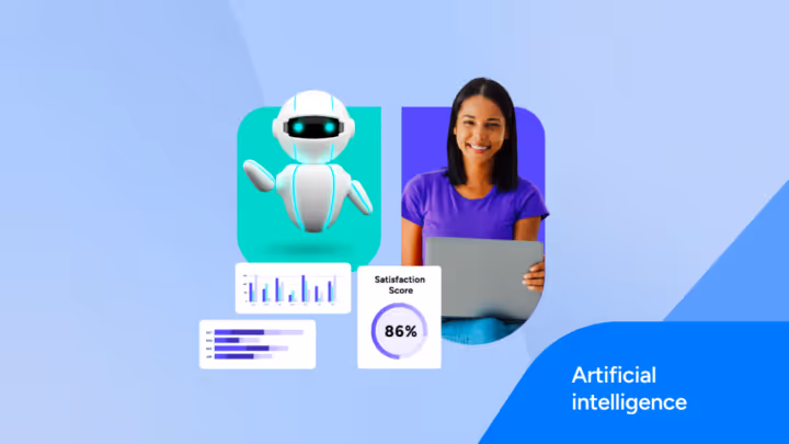 Smiling woman with a laptop beside a robot illustration and charts, representing artificial intelligence.