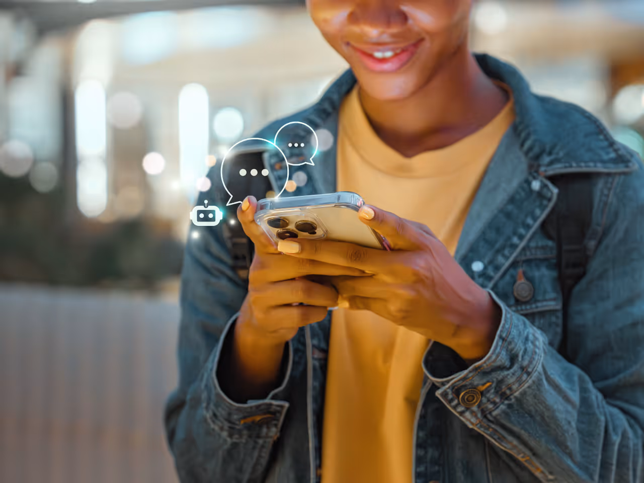 A woman looks at her cell phone in her hands and icons appear above it denoting AI and chatbots.