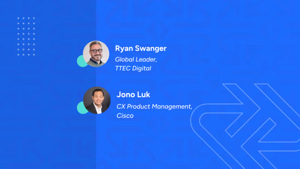 Headshots and name of the webinar speakers: Ryan Swanger, TTEC Digital, and Jono Luk, Cisco. 