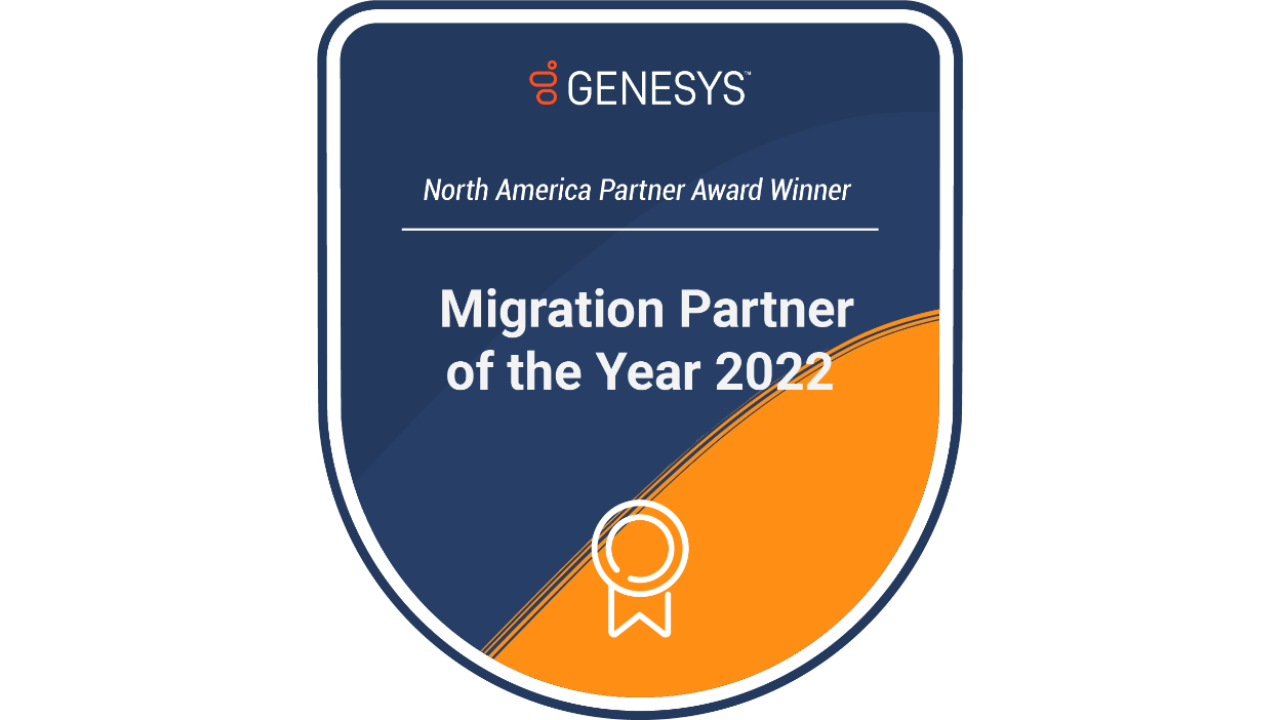 Badge that has the Genesys logo on top. Under it says North America Partner Award Winner: Migration Partner of the Year 2022