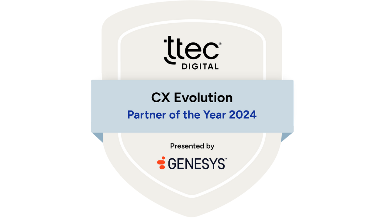 A badge with the TTEC Digital logo on top. Below that it says CX Evolution Partner of the Year 2024, Presented by Genesys