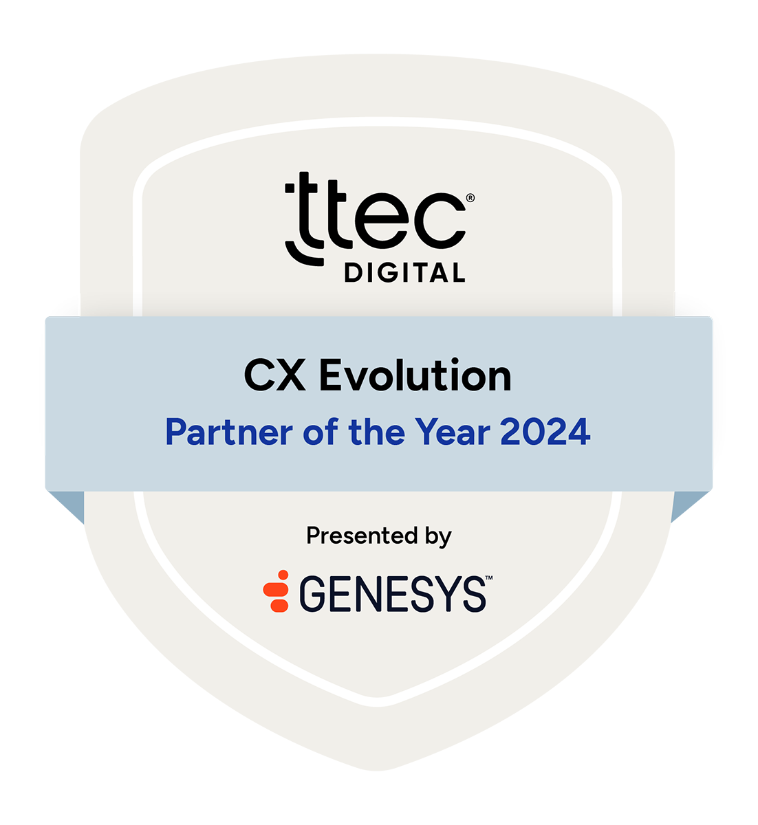 A badge with the TTEC Digital logo on top. Below that it says CX Evolution Partner of the Year 2024, Presented by Genesys