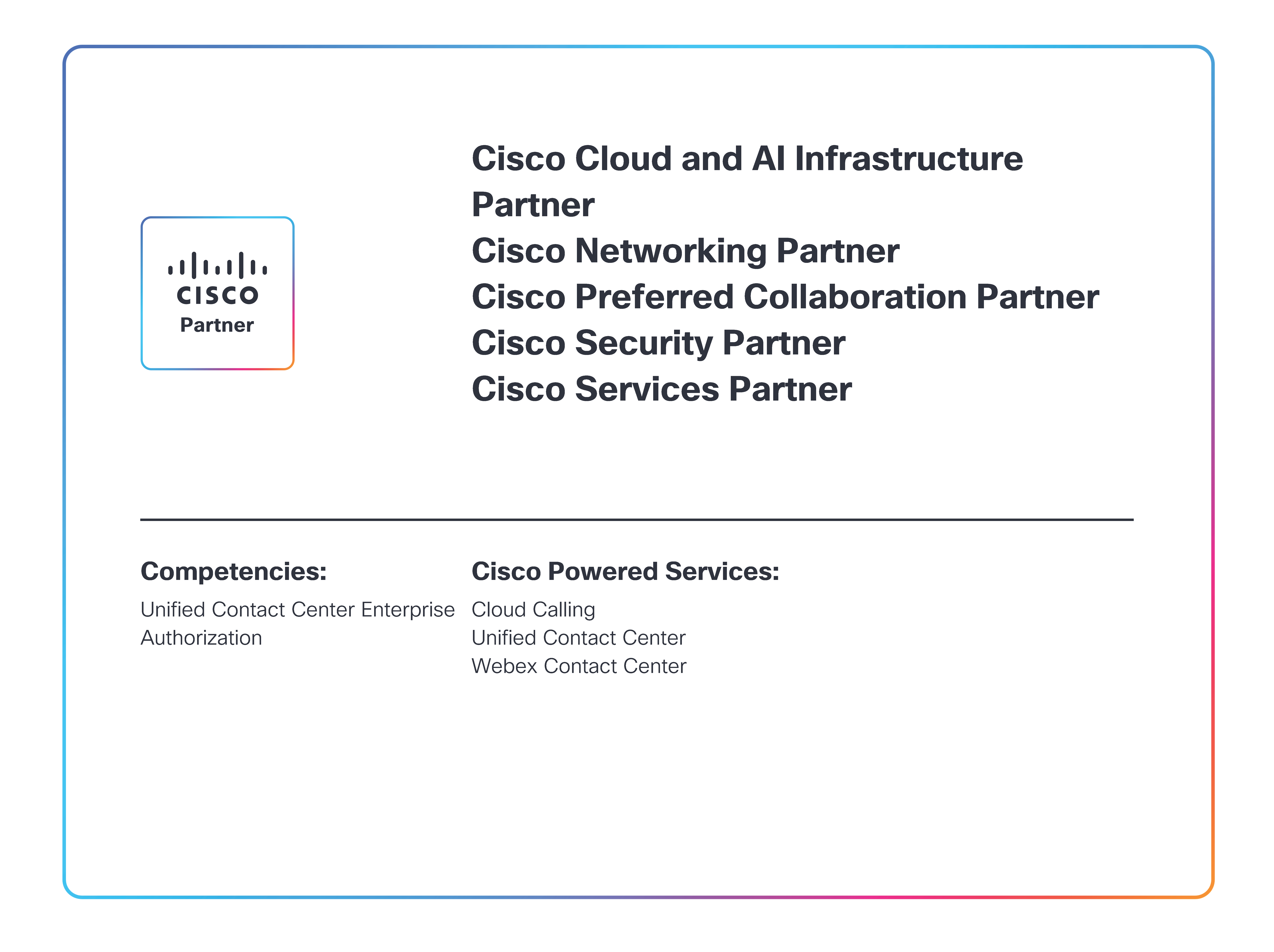 Cisco Partner badge listing partnerships and competencies including Cloud AI, Networking, Security, and Services.