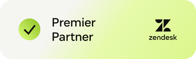 Badge with a green checkmark and the text 'Premier Partner' next to the Zendesk logo on a light green gradient background.