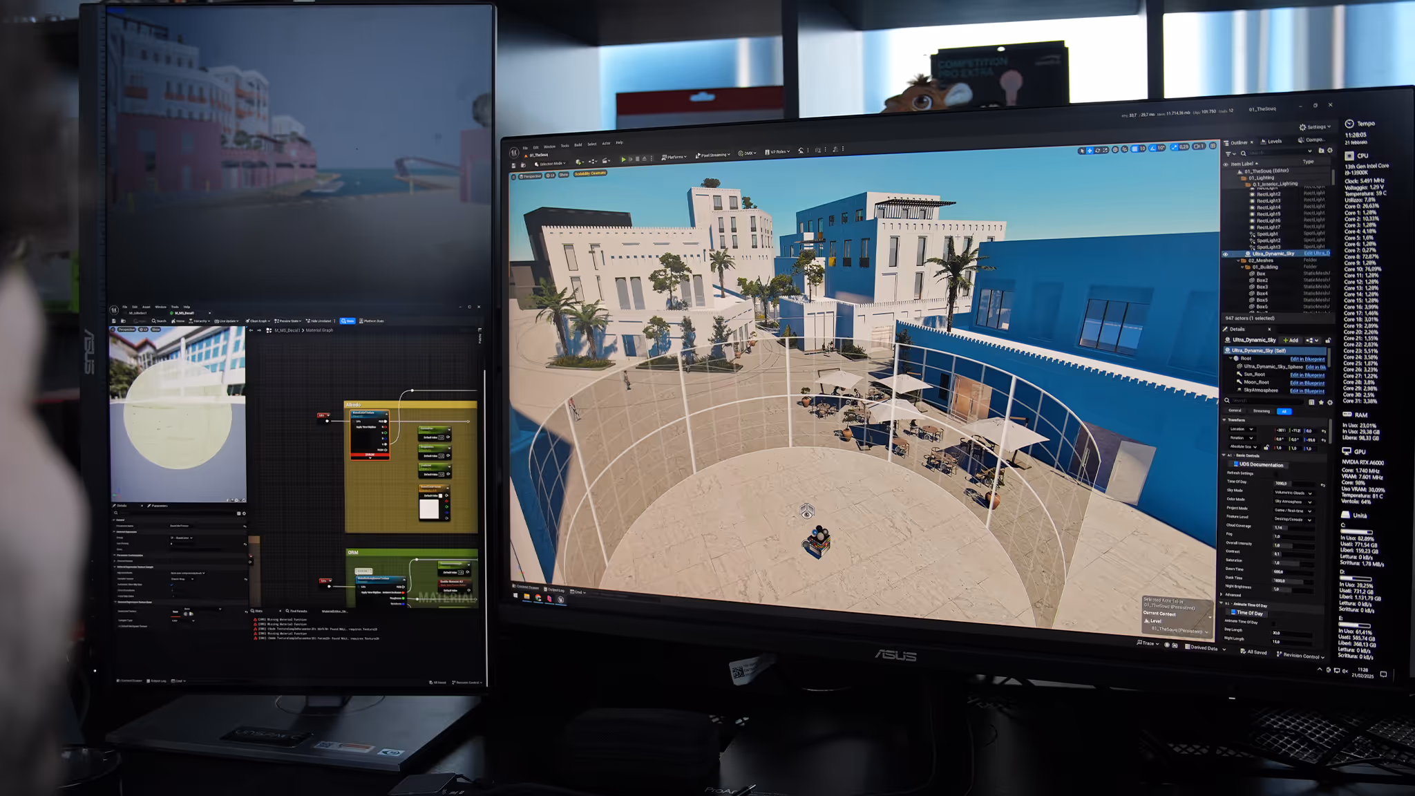 Designer editing Mediterranean courtyard in Unreal Engine on dual monitors at UNSPACE Turin virtual production studio.