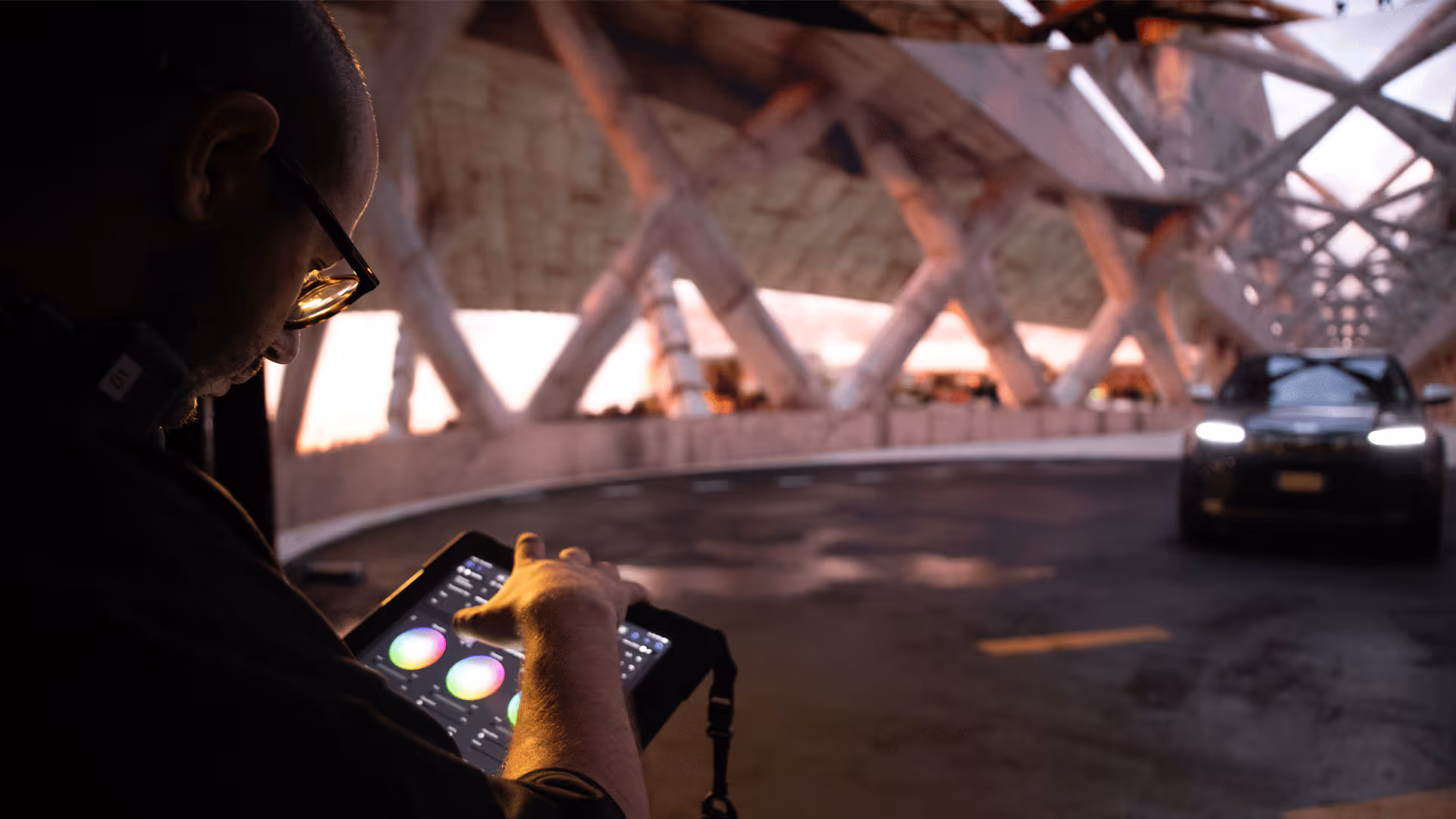 Operator color-grading car-chase shot under modern bridge for UNSPACE virtual-production post workflow.
